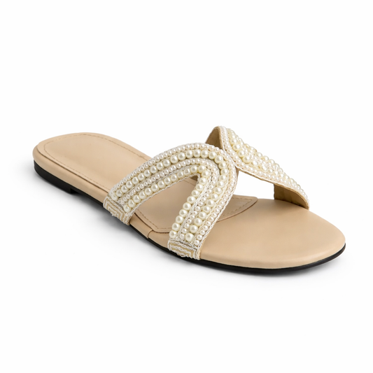 PEARLS PIVOT FLAT SANDAL -FAWN