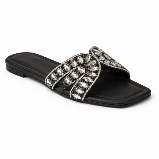 CRYSTAL EMBELLISHED FLAT SLIPPER -BLACK