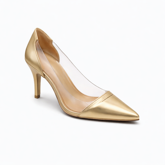 LUXE TRANSPARENT PANEL HEEL- GOLD