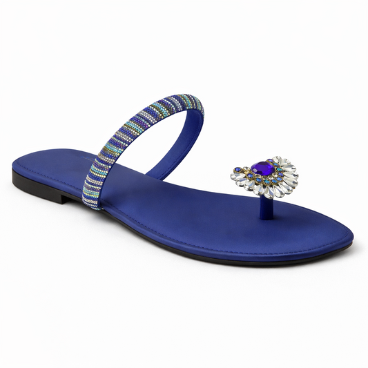 CRYSTAL TOE RING FLAT SANDAL - BLUE