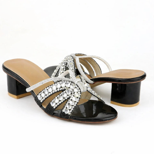 PETAL CRYSTAL BLOCK HEEL - BLACK